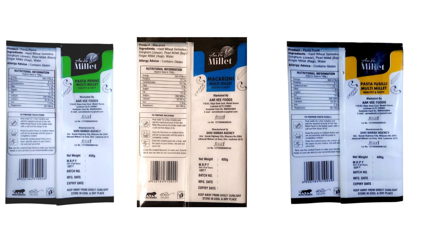 Aarvee Millet Pasta Macaroni and Fusilli (Pack of 3 - 1200g)