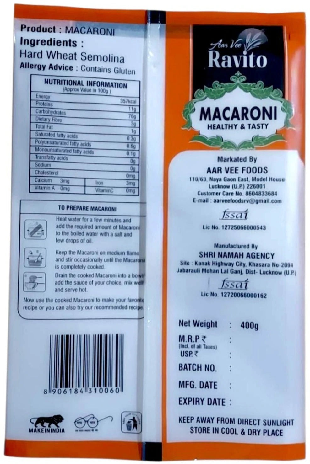 Aarvee Ravito Macaroni 400g