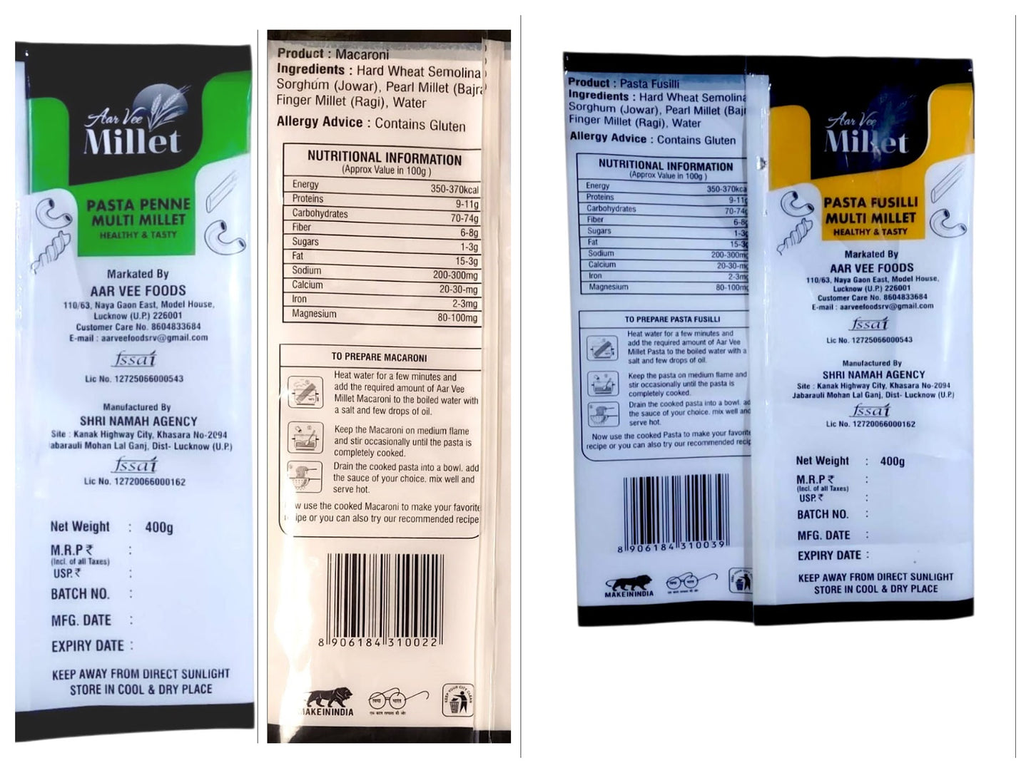 Aarvee Millet Penne Pasta & Fusilli Pasta( Pack of 2, 800g)