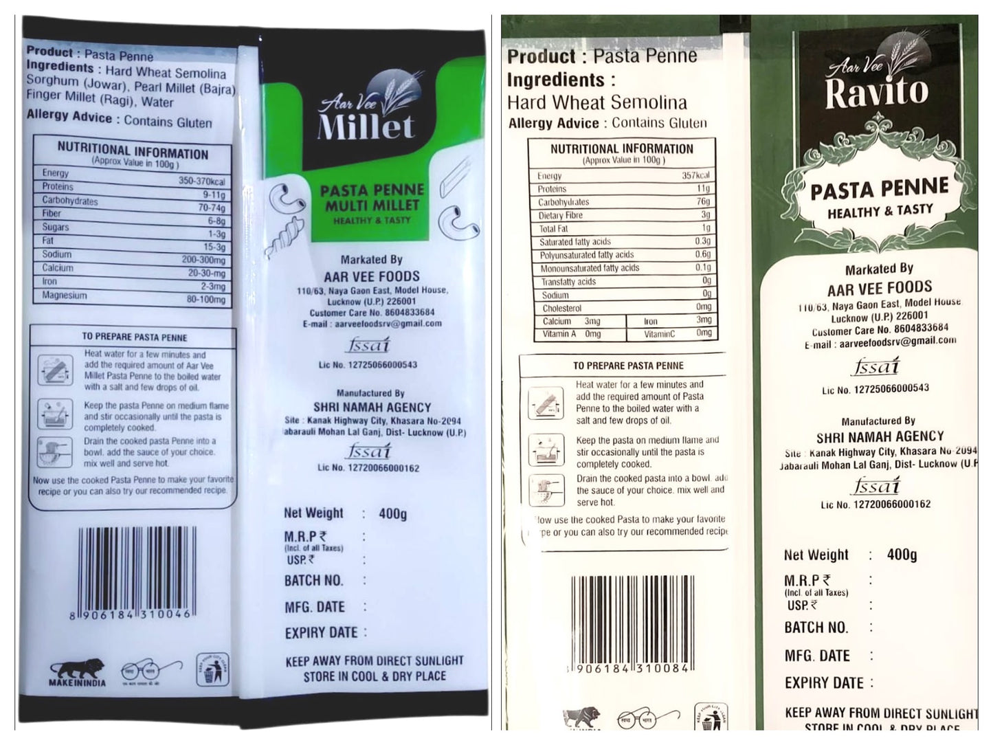 Aarvee Millet Penne Pasta & Ravito Pasta ( pack of 2, 800g)