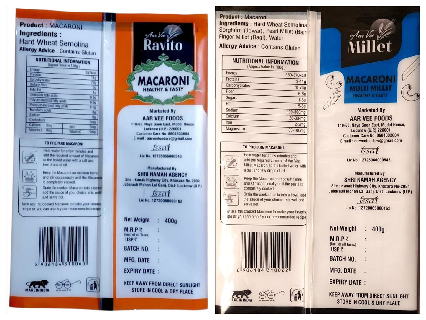 Aarvee Millet Macaroni & Ravito Macaroni ( Pack of 2,800g)