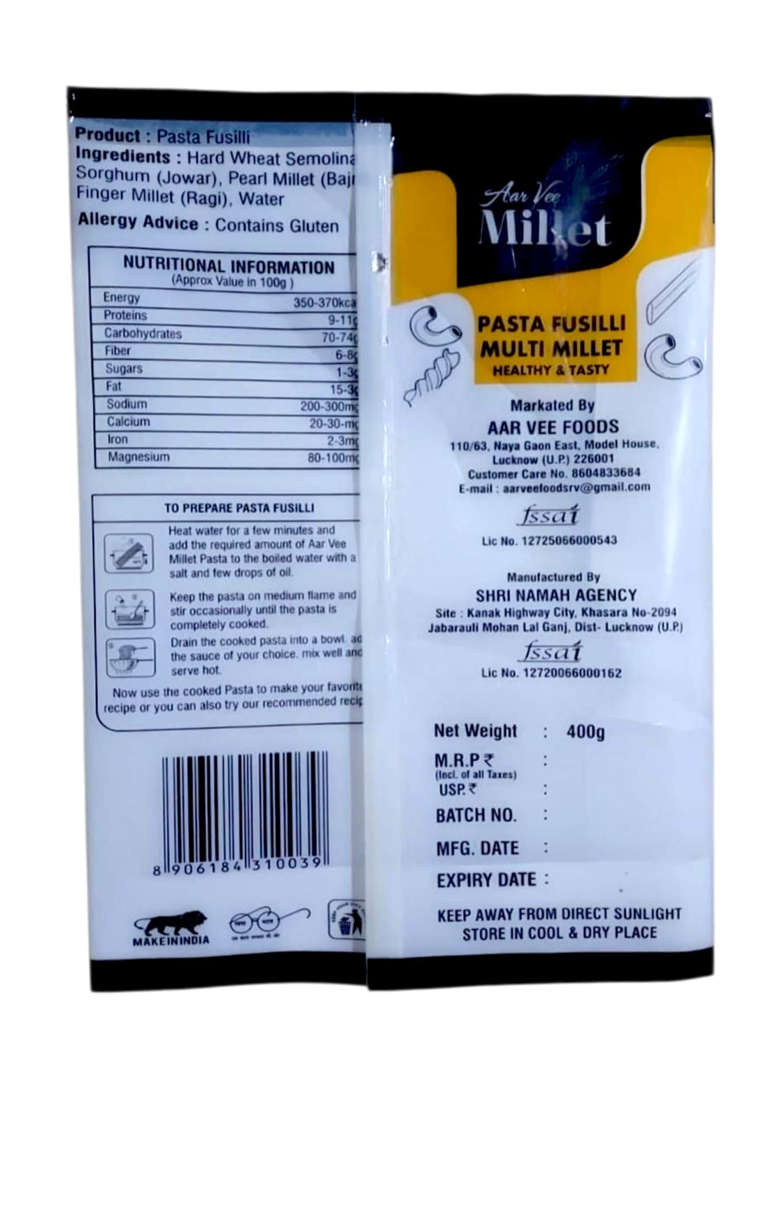 Aarvee Millet Fusilli Pasta 400g