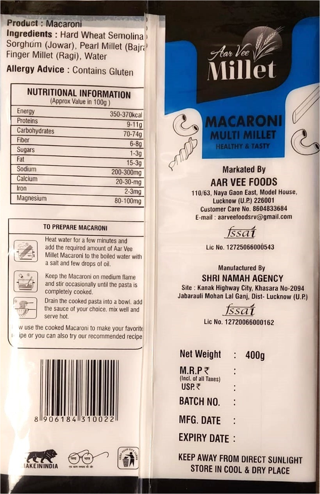Aarvee Millet Macaroni 400g